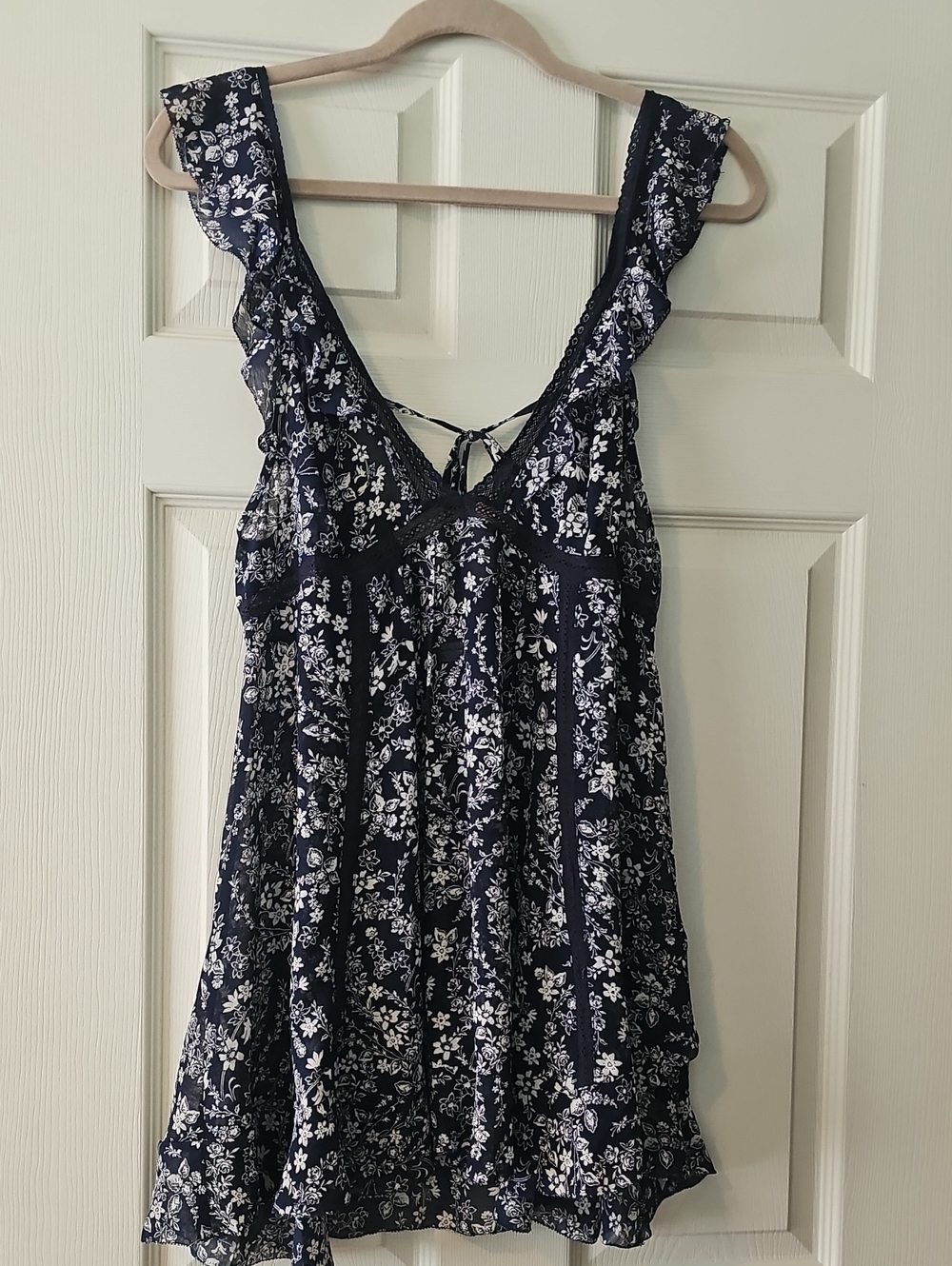 Free People Navy Blue Floral Ruffle V-Neck Intimately Dress/tank